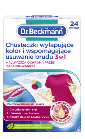 Dr. Beckmann Chusteczki 3w1 do Prania, Ochrona Koloru i Usuwanie Brudu, 24 szt.