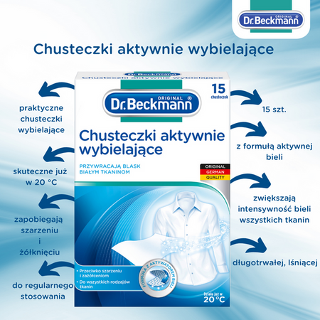 Dr. Beckmann Chusteczki Wybielające, Aktywna Biel dla Twoich Ubrań 15 szt.